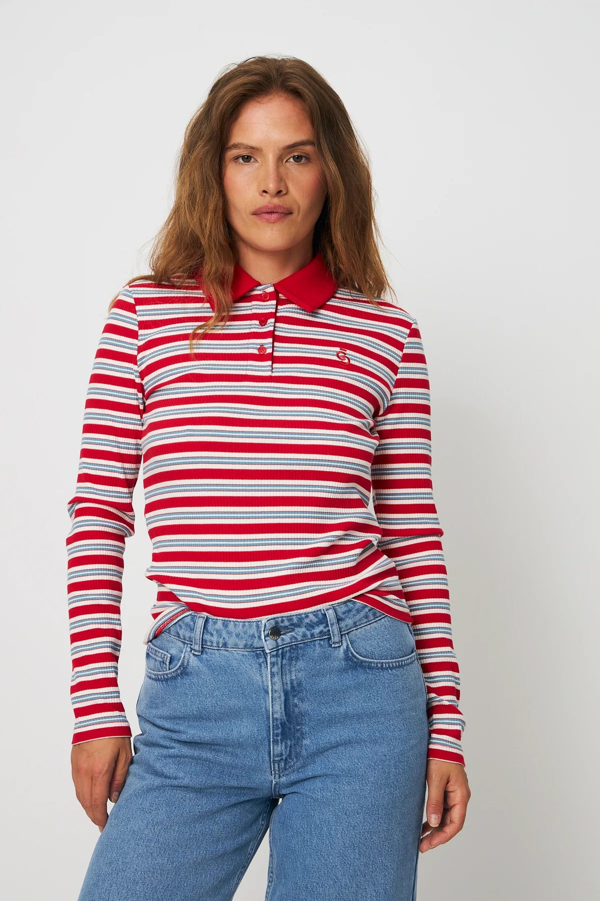 Lesliecras Polo Blouse - Red Blue Stripe