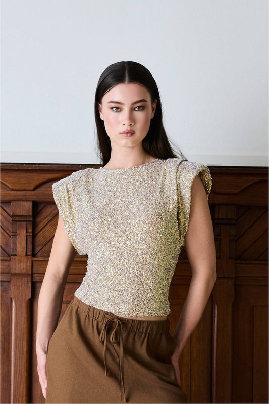 Sunset Sequin Top Iridecent Beige