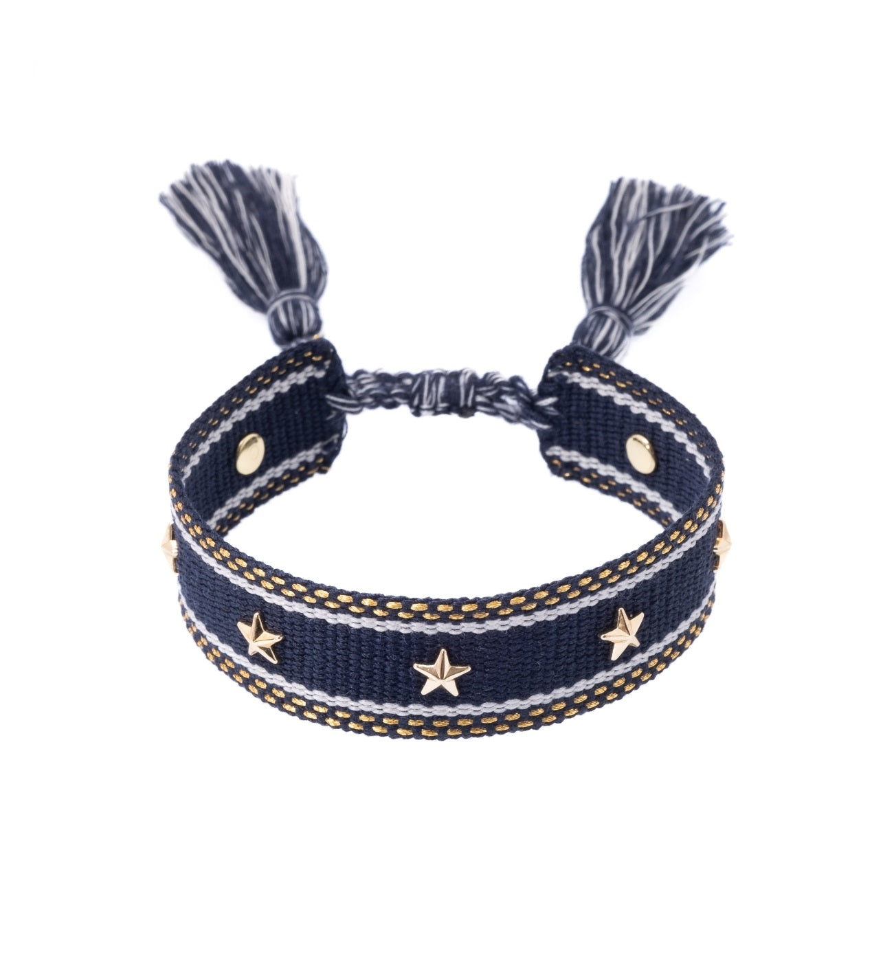 Woven Friendship Bracelet W/Star Studs Navy Blue W/Gold