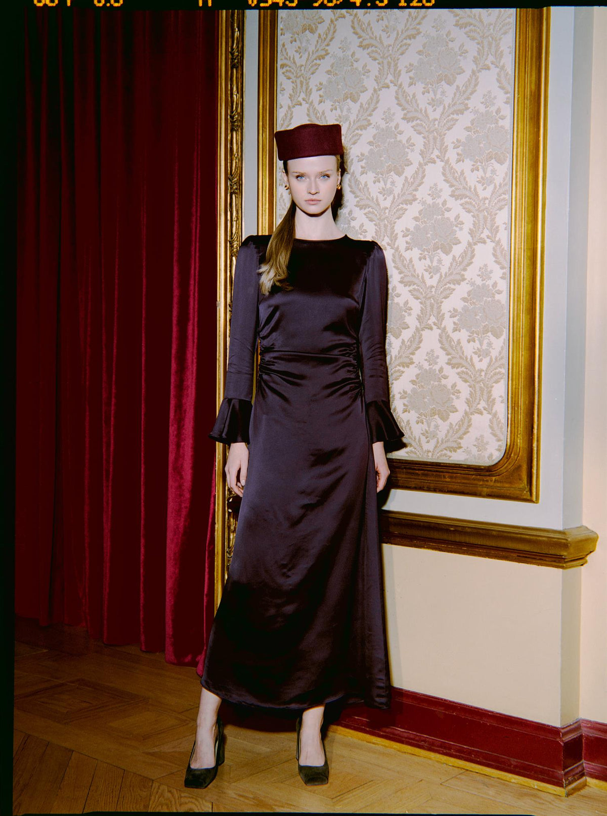 Satin Rouching Dress - Burgundy