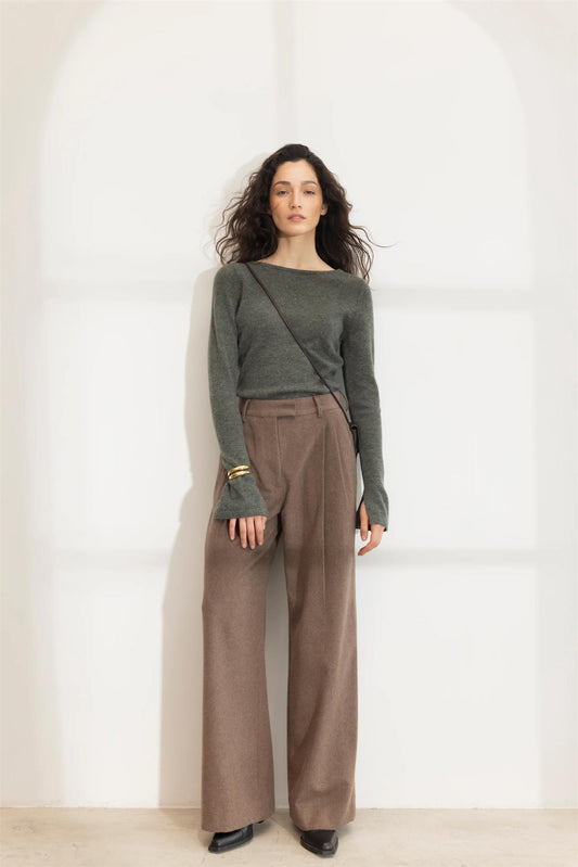 Ava Wool Trouser -  Dark Taupe Melange