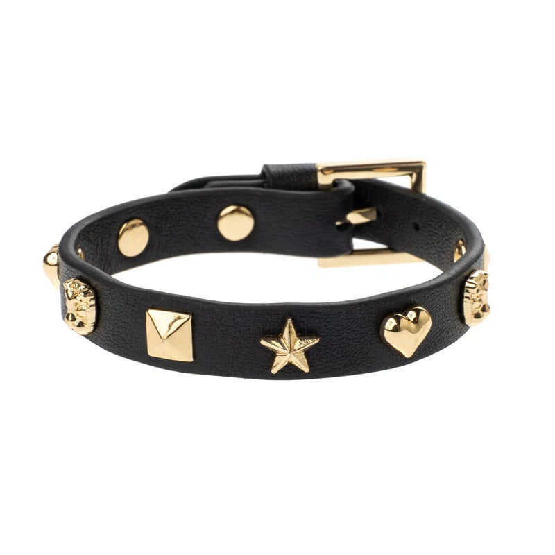 Leather Sign Stud Bracelet Black