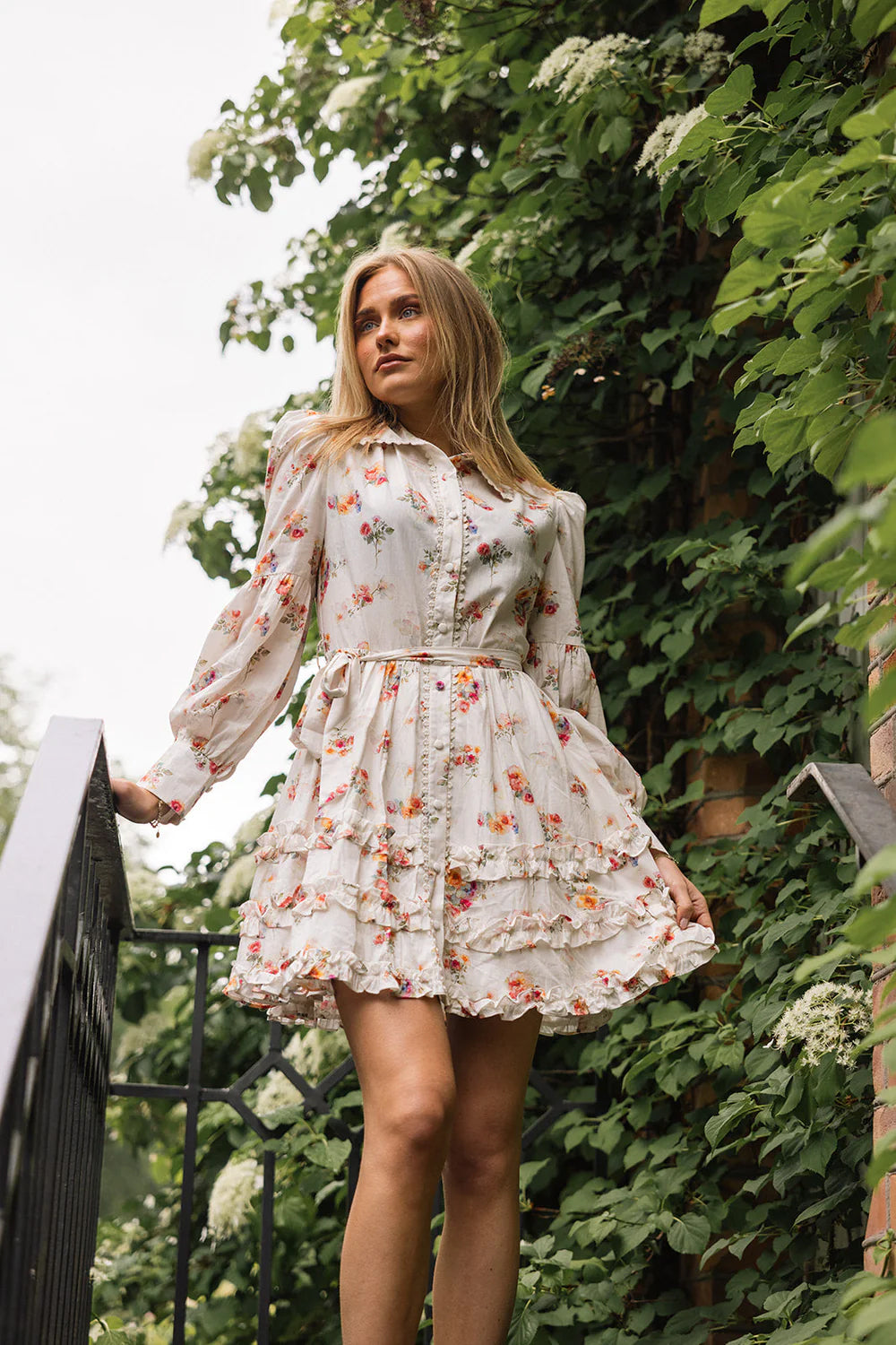 Sara Dress - White W/ Red Flowers