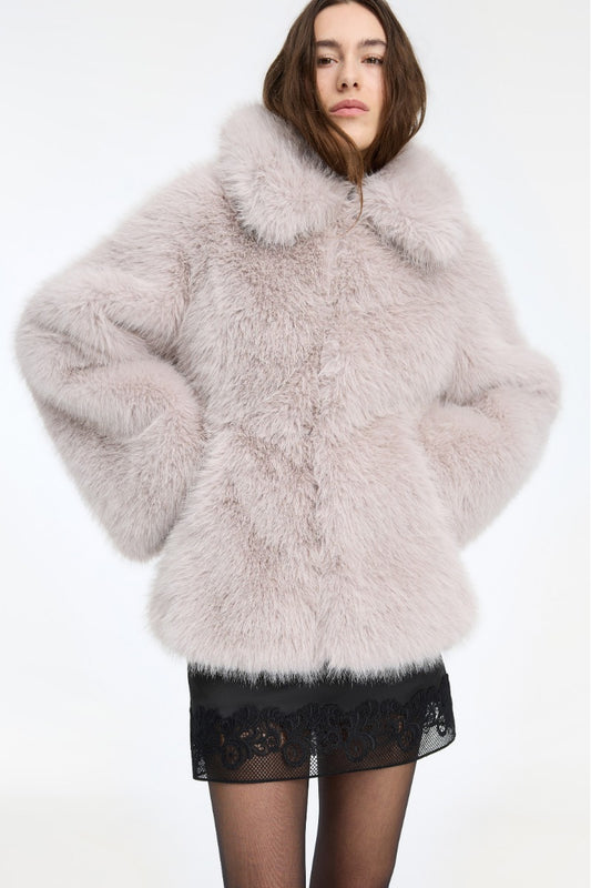 Faux Fur Flared Jacket - Light Grey