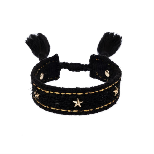 Tweed Friendship Bracelet W/Star Studs Black