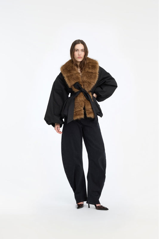 Faux Fur Collar Jacket - Black