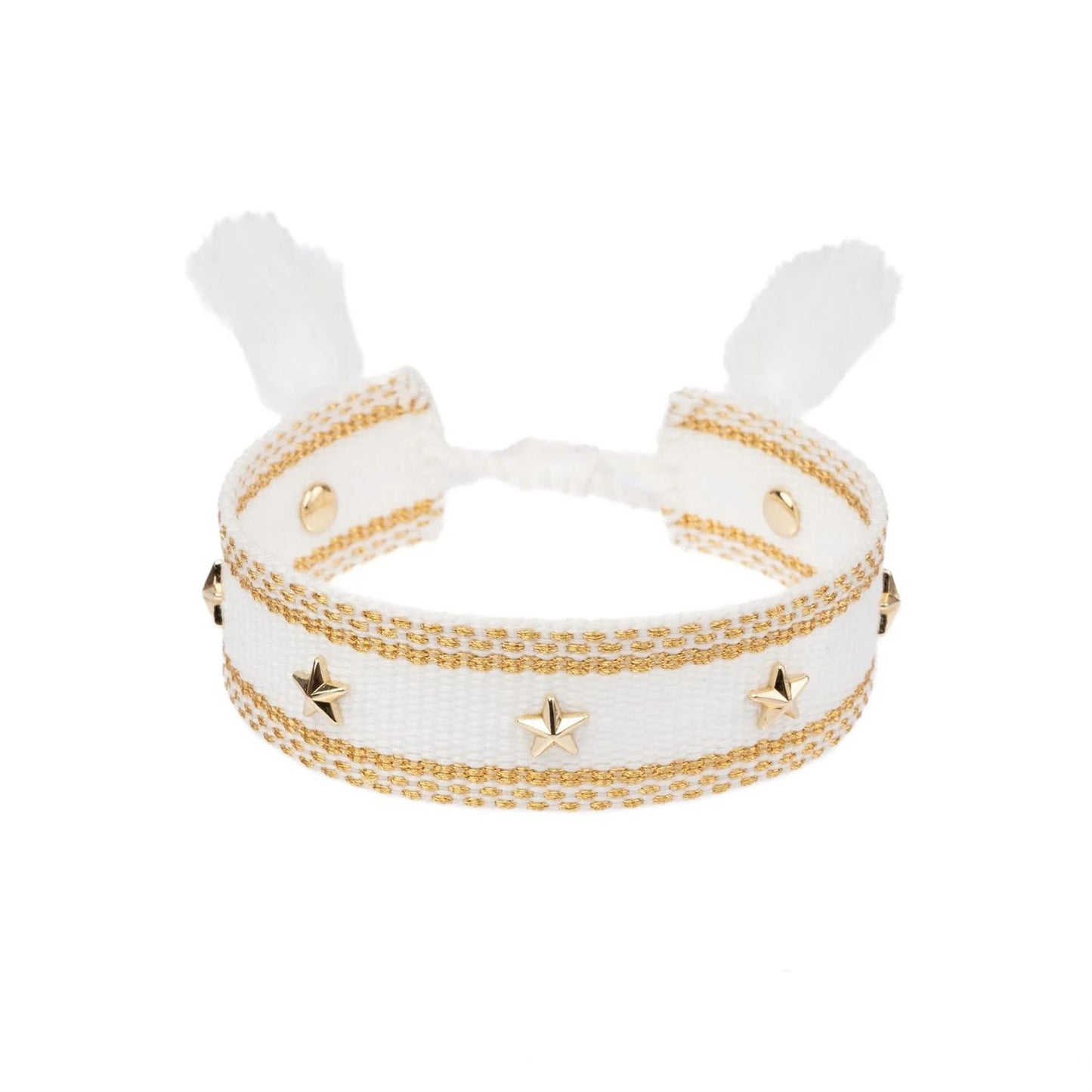 Woven Friendship Bracelet W/Star Studs White W/Gold