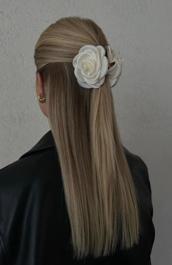 Satin Rose Hair Claw Off White