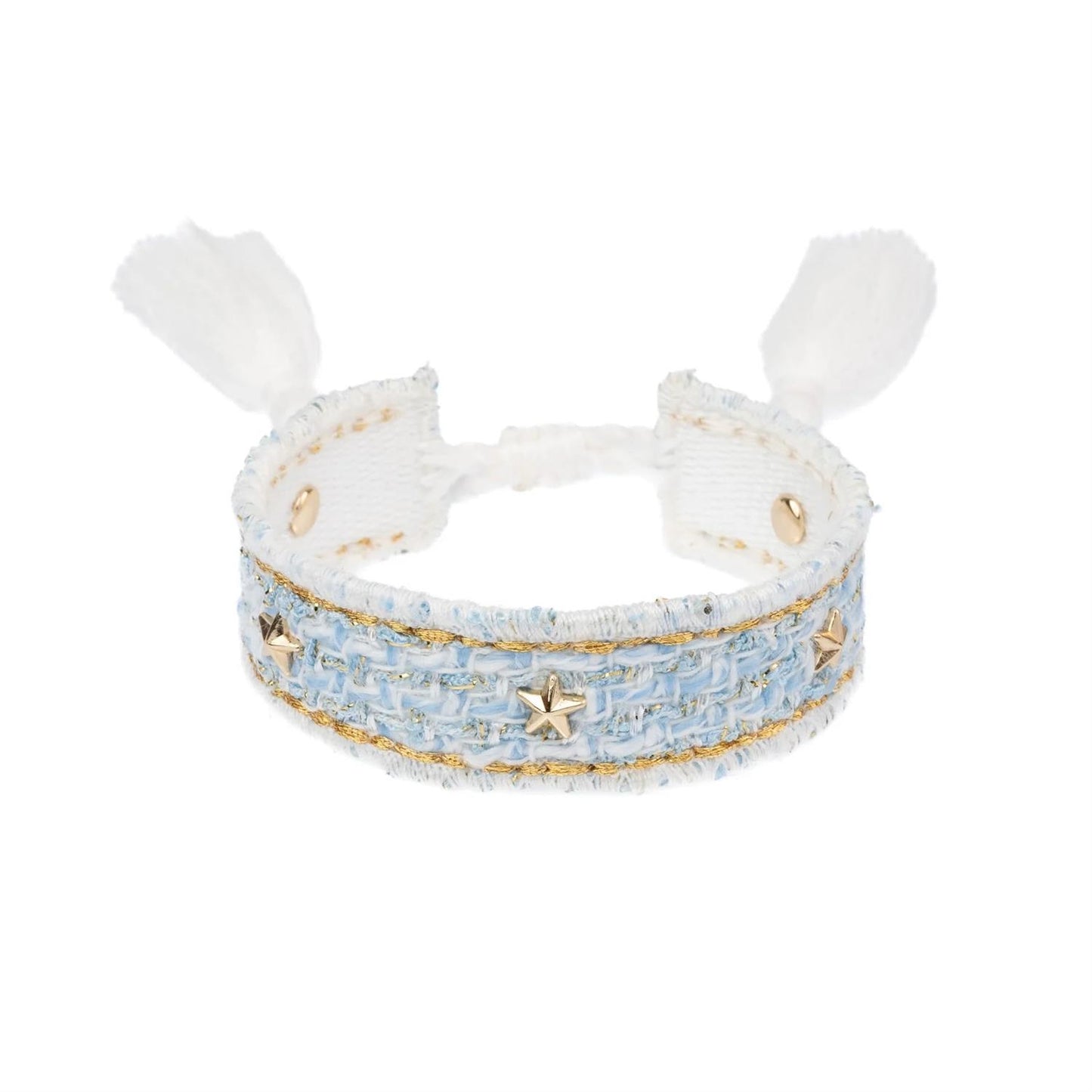 Tweed Friendship Bracelet W/Star Studs Light Blue