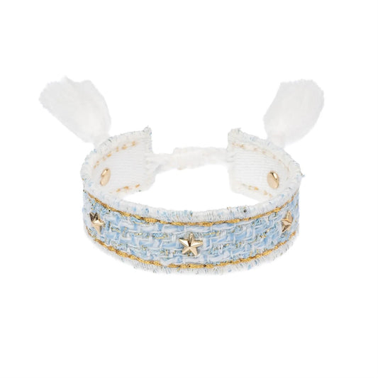Tweed Friendship Bracelet W/Star Studs Light Blue