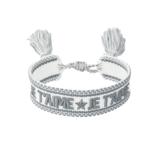 Woven Friendship Bracelet "Je T'aime" White W/Teal