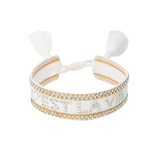 Woven Friendship Bracelet W/Crystals "C'est La Vie" White W/Gold