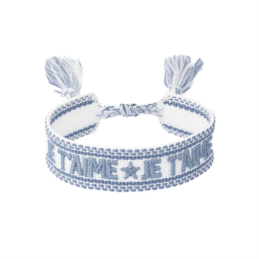 Woven Friendship Bracelet "Je T'aime" White W/Light Blue
