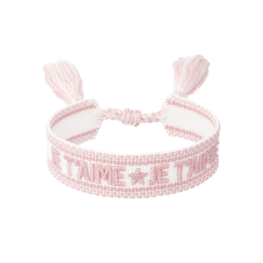 Woven Friendship Bracelet "Je T'aime" White W/Light Rose