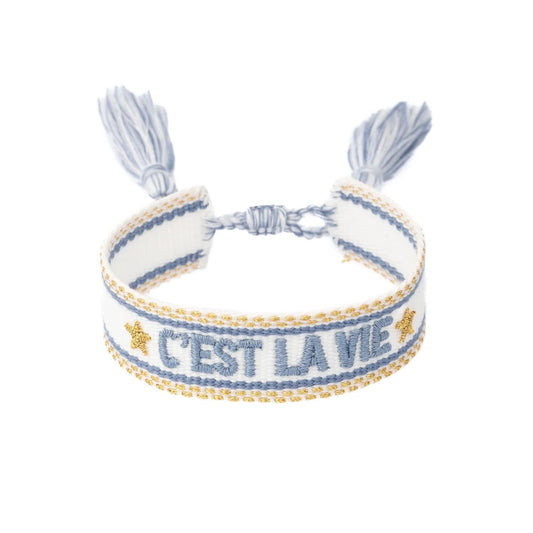 Woven Friendship Bracelet "C'est La Vie" White W/Light Blue & Gold