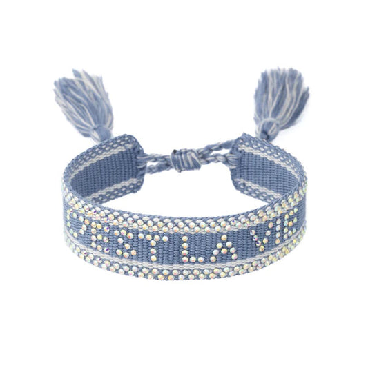 Woven Friendship Bracelet W/Crystals "C'est La Vie" Light Blue